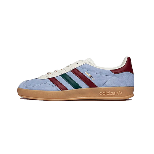 adidas Gazelle Indoor Blue Dawn Collegiate Burgundy sneakers in blue suede with burgundy accents