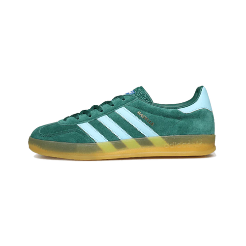 adidas Gazelle Indoor Collegiate Green sneakers with Hazy Sky and Victory Gold accents